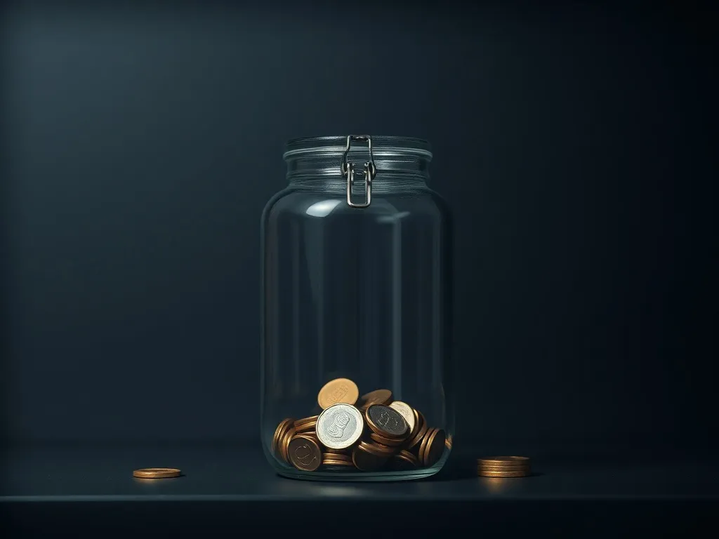 A glass jar with some coins inside, standing on a dark minim