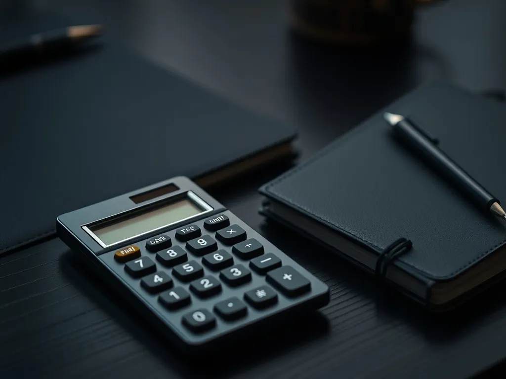 A close up of a calculator and a dark notebook on a black wo