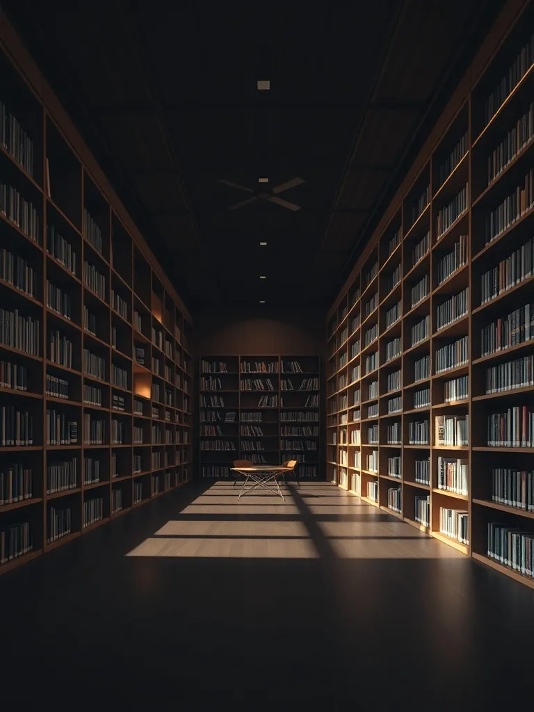 A minimalist dark interior of a modern library with clean wo