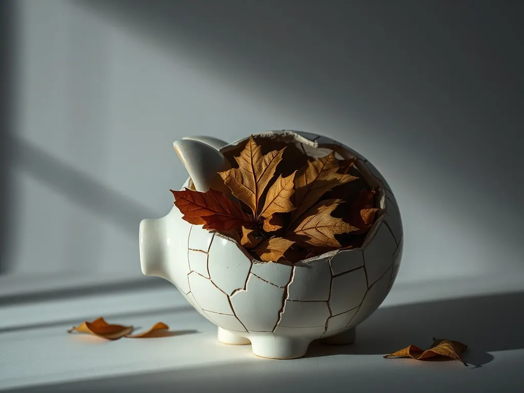 A minimalist conceptual photo of a cracked ceramic piggy ban